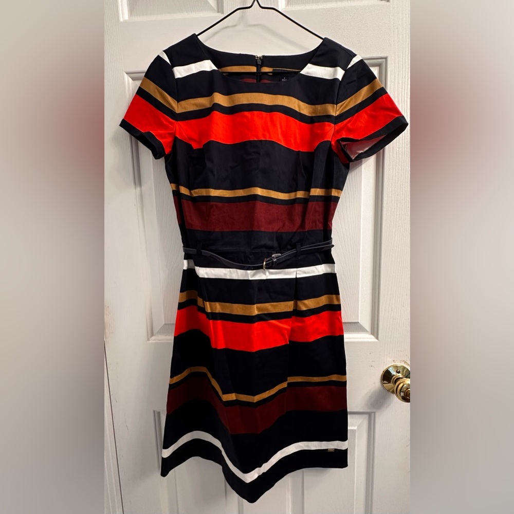 Tommy Hilfiger Red, Black, and Gold Striped Belted Midi Dress